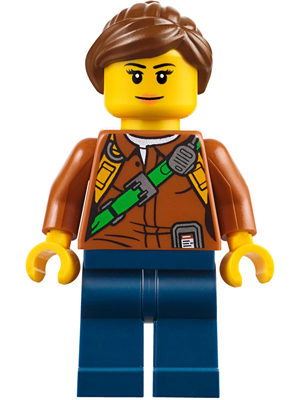 City Jungle Explorer Female - Dark Orange Shirt with Green Strap, Dark Blue Legs, Reddish Brown Ponytail and Swept Sideways Fringe